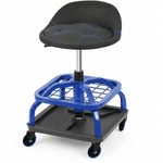 Yellow rolling mechanic stool with magnetic tool tray shown from the front on a plain background