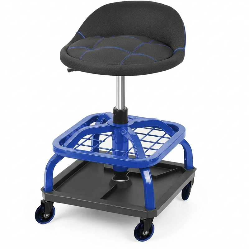 Yellow rolling mechanic stool with magnetic tool tray shown from the front on a plain background