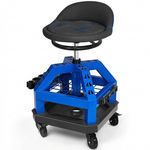 Yellow rolling mechanic stool with magnetic tool tray shown from the front on a plain background