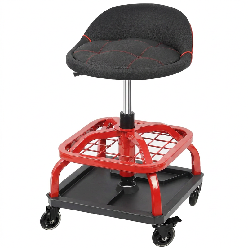 Yellow rolling mechanic stool with magnetic tool tray shown from the front on a plain background