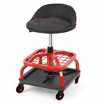 Yellow rolling mechanic stool with magnetic tool tray shown from the front on a plain background