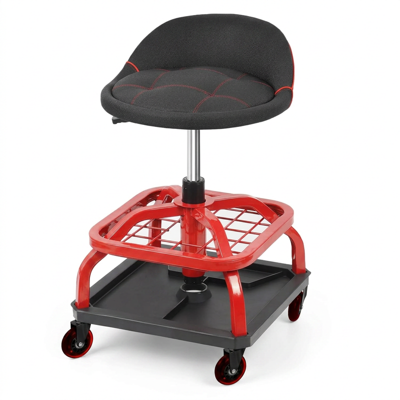 Yellow rolling mechanic stool with magnetic tool tray shown from the front on a plain background