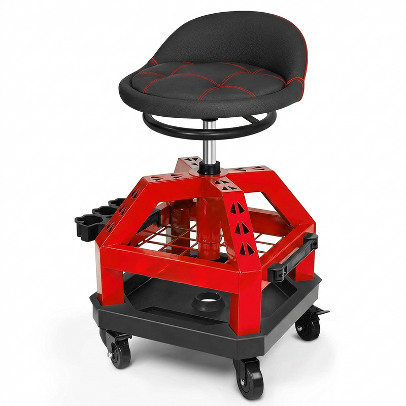 Yellow rolling mechanic stool with magnetic tool tray shown from the front on a plain background