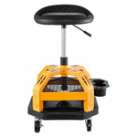 Yellow rolling mechanic stool with magnetic tool tray shown from the front on a plain background