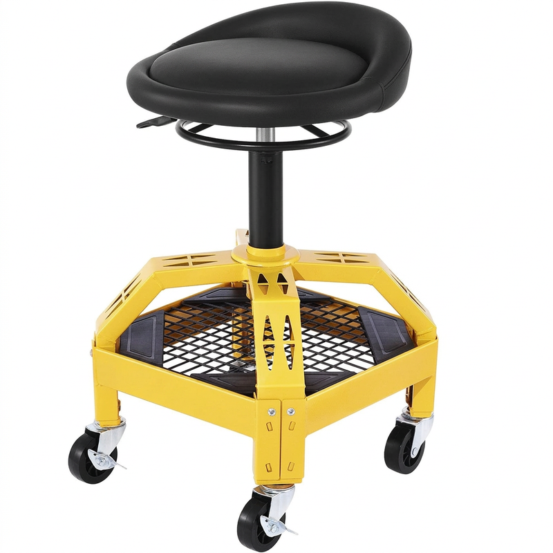 Yellow rolling mechanic stool with magnetic tool tray shown from the front on a plain background
