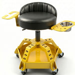 Yellow rolling mechanic stool with magnetic tool tray shown from the front on a plain background