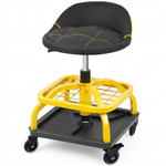 Yellow rolling mechanic stool with magnetic tool tray shown from the front on a plain background