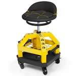 Yellow rolling mechanic stool with magnetic tool tray shown from the front on a plain background
