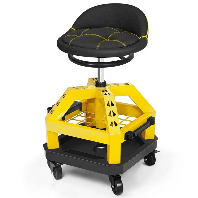 Yellow rolling mechanic stool with magnetic tool tray shown from the front on a plain background