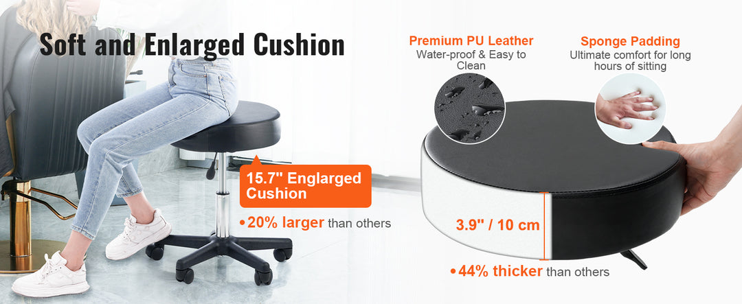 SucceBuy Rolling Round Stool 40cm Diameter w/ 5 Swivel Casters 360° Rotation Height Adjustable Round Stool for Bar Salon Office