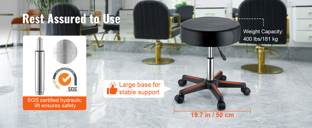 SucceBuy Rolling Round Stool 40cm Diameter w/ 5 Swivel Casters 360° Rotation Height Adjustable Round Stool for Bar Salon Office
