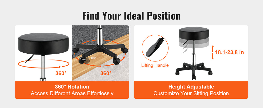 SucceBuy Rolling Round Stool 40cm Diameter w/ 5 Swivel Casters 360° Rotation Height Adjustable Round Stool for Bar Salon Office