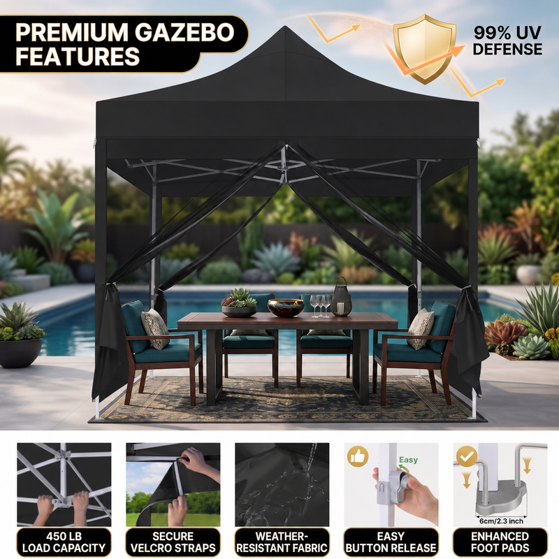 People relaxing inside the screen gazebo showing airflow and bug protection
