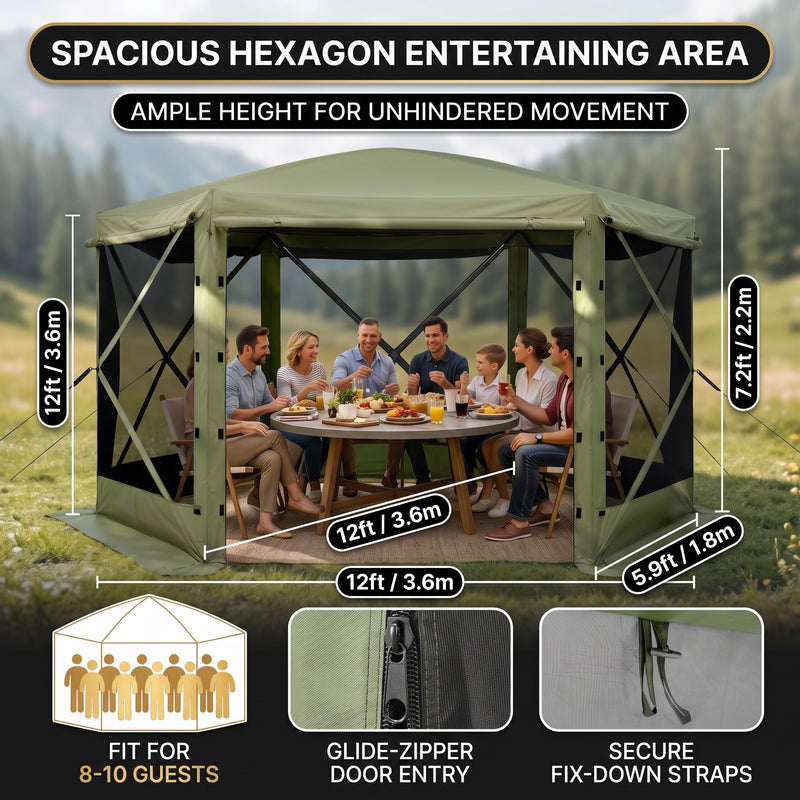 Family dining under the hexagon screen gazebo showing interior space