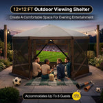 Family dining under the hexagon screen gazebo showing interior space