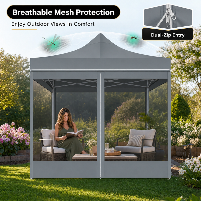 Comparison chart of the gazebo's premium fabric, poles, ropes and stakes