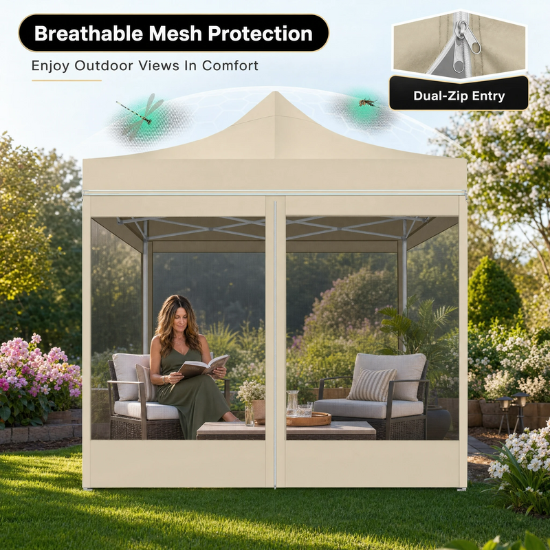 Comparison chart of the gazebo's premium fabric, poles, ropes and stakes