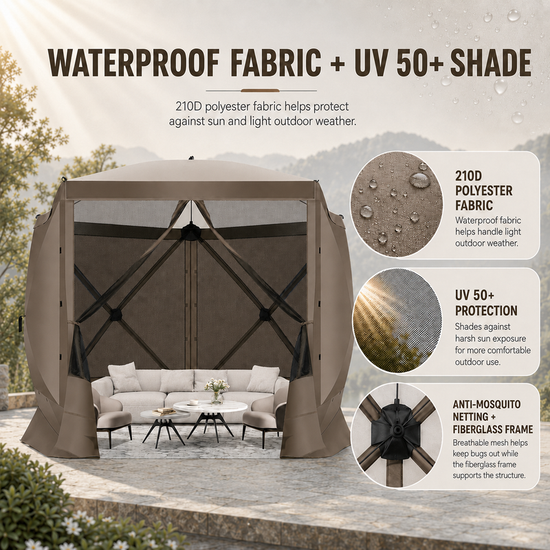Feature graphic for the 210D polyester canopy with water-resistant and UV sun protection