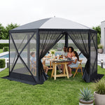 12x12 ft screen tent gazebo by a lake with two people seated inside - showing space for up to 10 to 11 people