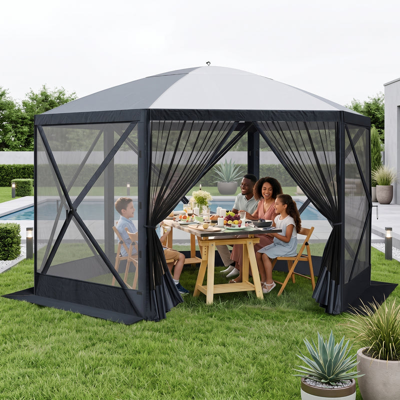 12x12 ft screen tent gazebo by a lake with two people seated inside - showing space for up to 10 to 11 people