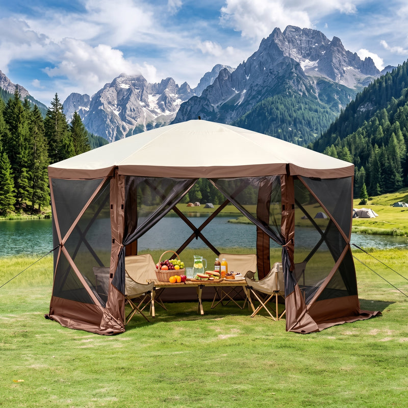 12x12 ft screen tent gazebo by a lake with two people seated inside - showing space for up to 10 to 11 people