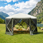 12x12 ft screen tent gazebo by a lake with two people seated inside - showing space for up to 10 to 11 people