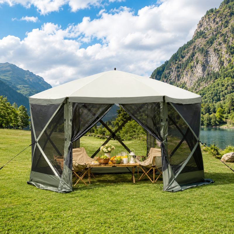 12x12 ft screen tent gazebo by a lake with two people seated inside - showing space for up to 10 to 11 people