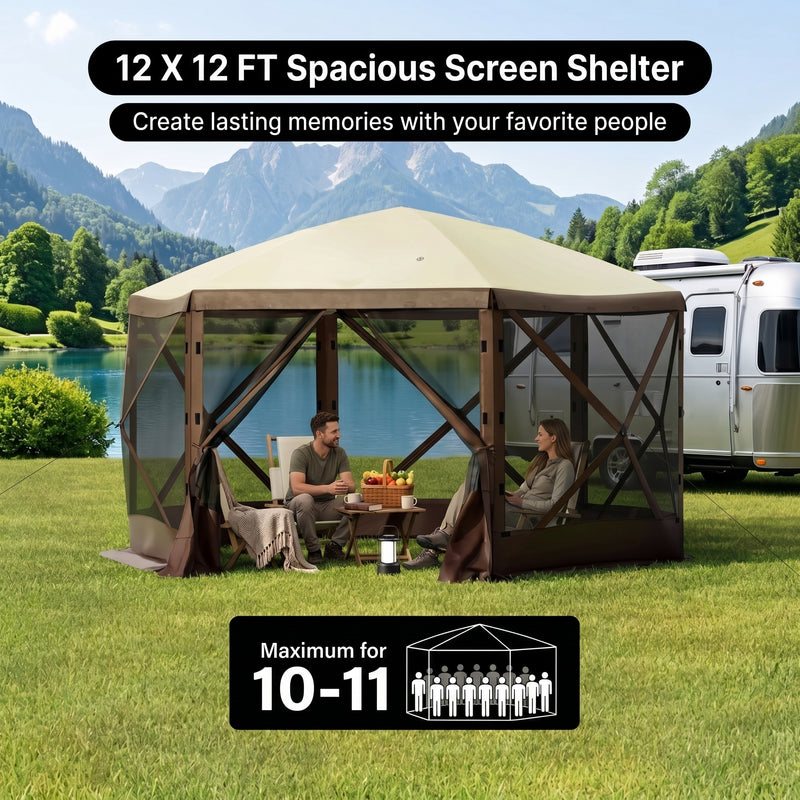 12x12 ft screen tent gazebo by a lake with two people seated inside - showing space for up to 10 to 11 people