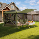 12x12 ft screen tent gazebo by a lake with two people seated inside - showing space for up to 10 to 11 people
