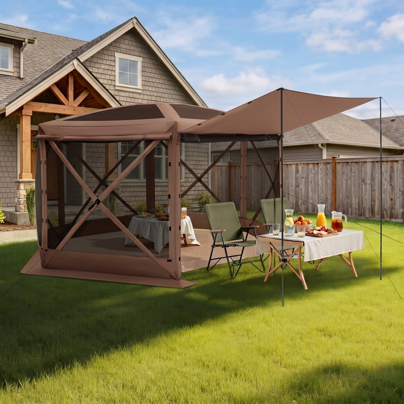 12x12 ft screen tent gazebo by a lake with two people seated inside - showing space for up to 10 to 11 people