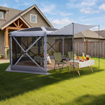 12x12 ft screen tent gazebo by a lake with two people seated inside - showing space for up to 10 to 11 people