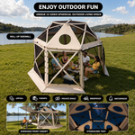 12x12 ft screen tent gazebo by a lake with two people seated inside - showing space for up to 10 to 11 people