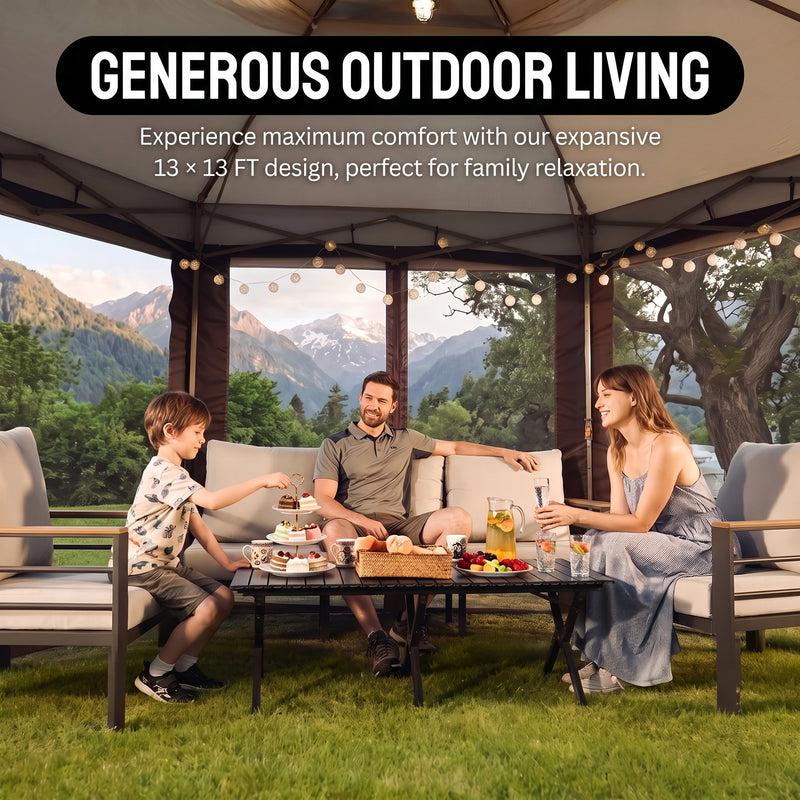 12x12 ft screen tent gazebo by a lake with two people seated inside - showing space for up to 10 to 11 people