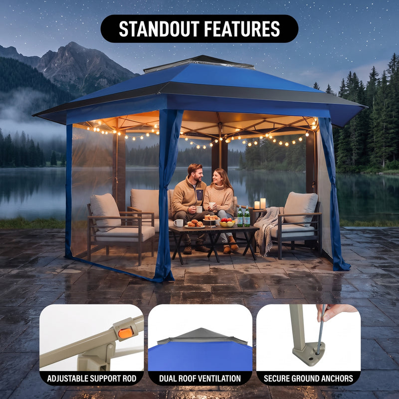 12x12 ft screen tent gazebo by a lake with two people seated inside - showing space for up to 10 to 11 people