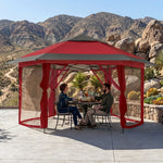 12x12 ft screen tent gazebo by a lake with two people seated inside - showing space for up to 10 to 11 people