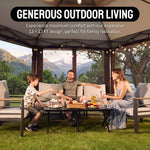 12x12 ft screen tent gazebo by a lake with two people seated inside - showing space for up to 10 to 11 people