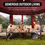 12x12 ft screen tent gazebo by a lake with two people seated inside - showing space for up to 10 to 11 people