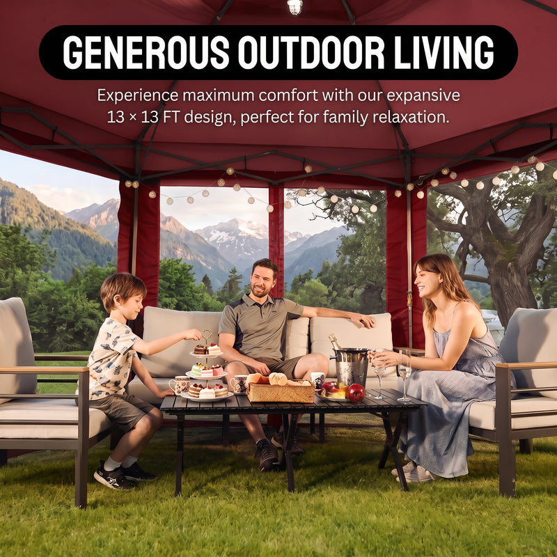 12x12 ft screen tent gazebo by a lake with two people seated inside - showing space for up to 10 to 11 people