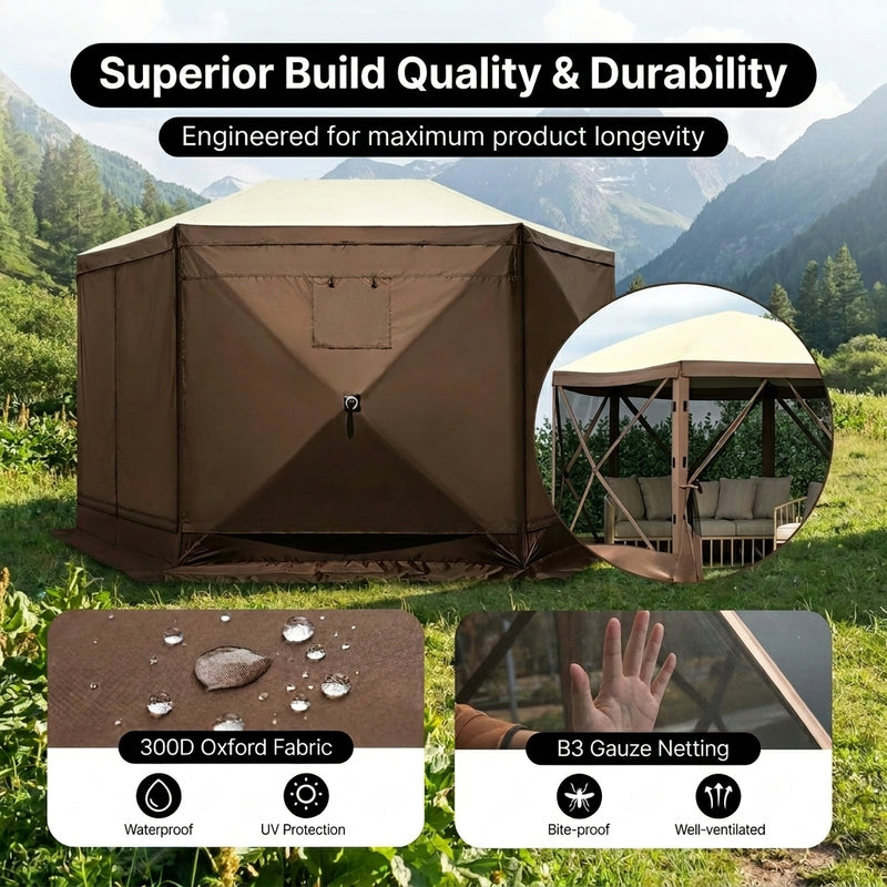 Screen tent gazebo build details showing 300D Oxford fabric and B3 gauze mesh netting for bug protection and airflow