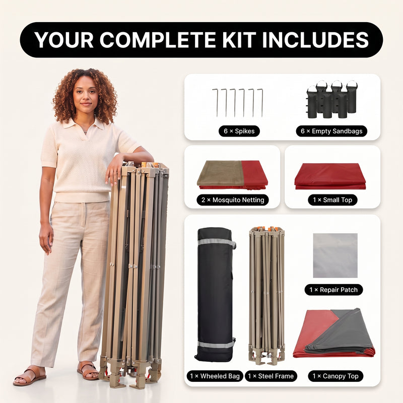 Screen tent gazebo build details showing 300D Oxford fabric and B3 gauze mesh netting for bug protection and airflow