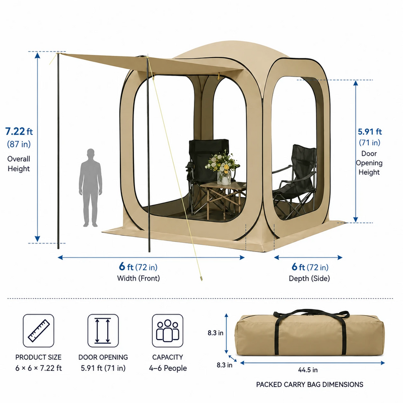 Diagram of 6x6 screen tent gazebo dimensions and 7.1 ft peak height