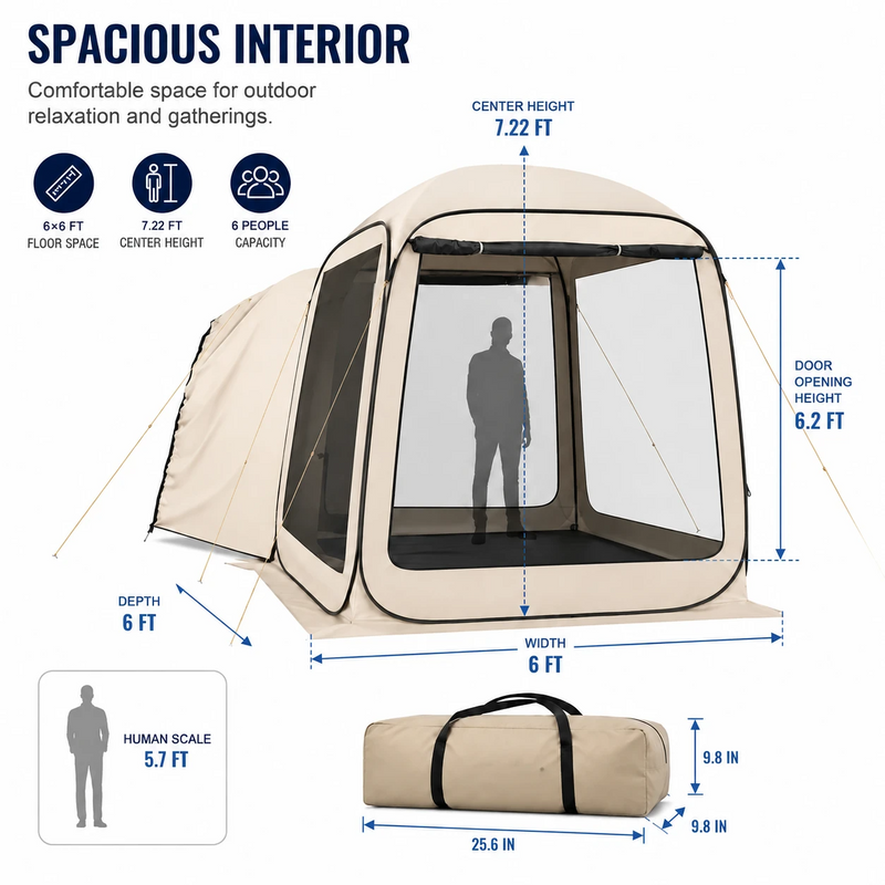 Diagram of 6x6 screen tent gazebo dimensions and 7.1 ft peak height