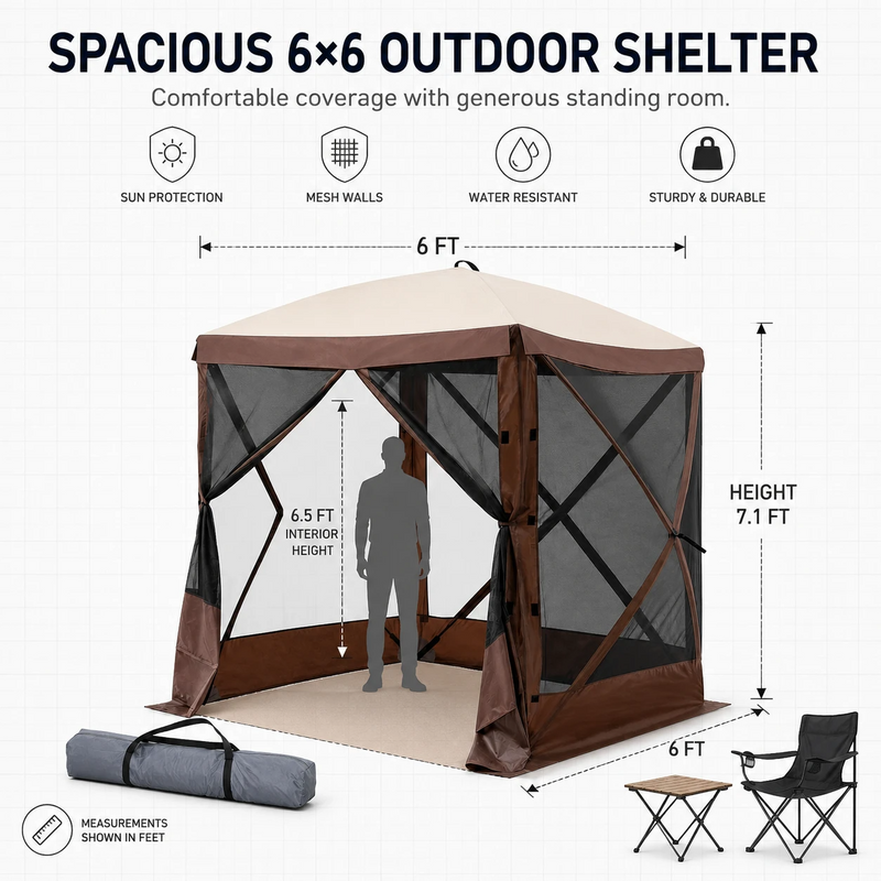 Diagram of 6x6 screen tent gazebo dimensions and 7.1 ft peak height
