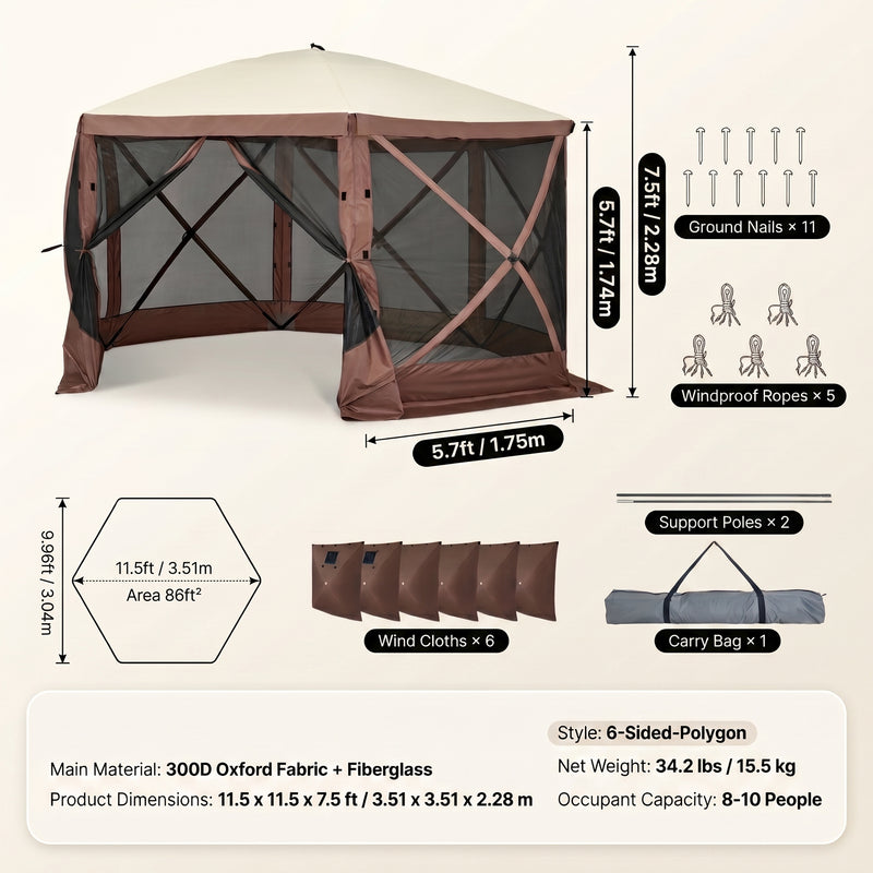 Dimension diagram of the 12x12 ft screen tent gazebo showing 90 in height - 71 in side width and 35 lb weight
