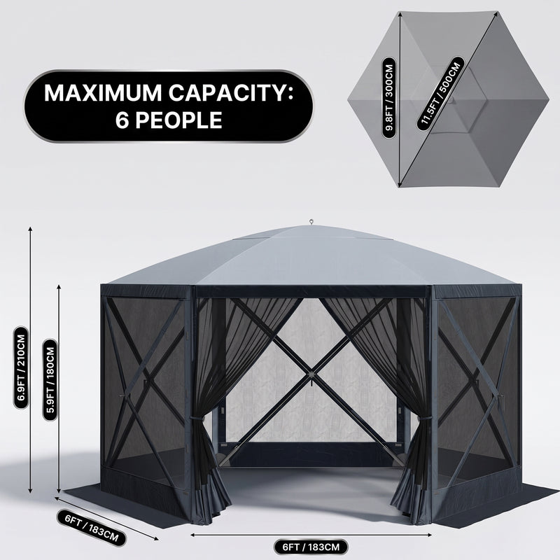 Dimension diagram of the 12x12 ft screen tent gazebo showing 90 in height - 71 in side width and 35 lb weight
