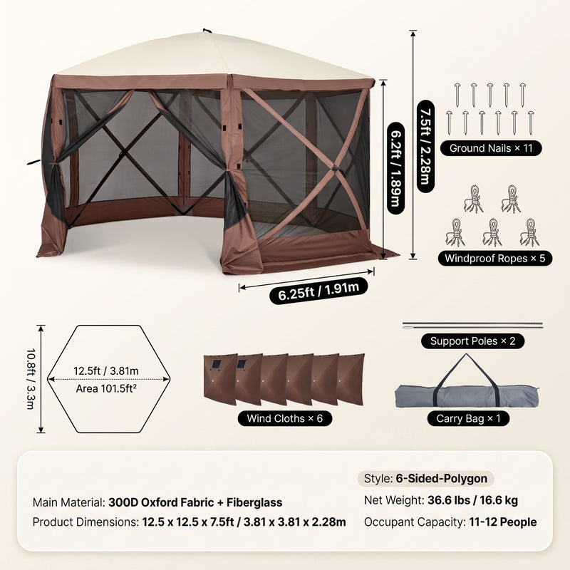 Dimension diagram of the 12x12 ft screen tent gazebo showing 90 in height - 71 in side width and 35 lb weight