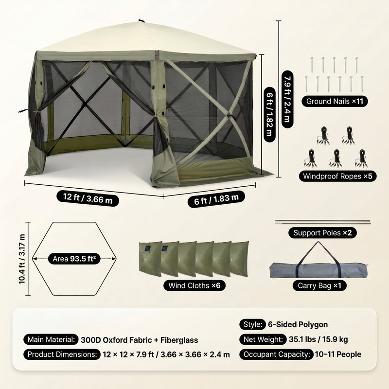 Dimension diagram of the 12x12 ft screen tent gazebo showing 90 in height - 71 in side width and 35 lb weight