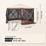 Dimension diagram of the 12x12 ft screen tent gazebo showing 90 in height - 71 in side width and 35 lb weight