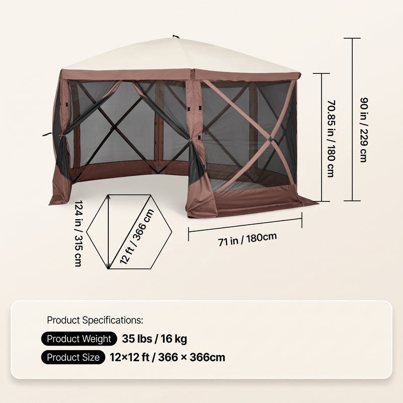 Dimension diagram of the 12x12 ft screen tent gazebo showing 90 in height - 71 in side width and 35 lb weight