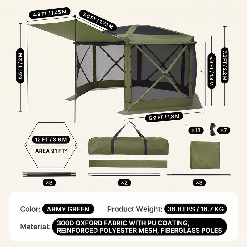 Dimension diagram of the 12x12 ft screen tent gazebo showing 90 in height - 71 in side width and 35 lb weight